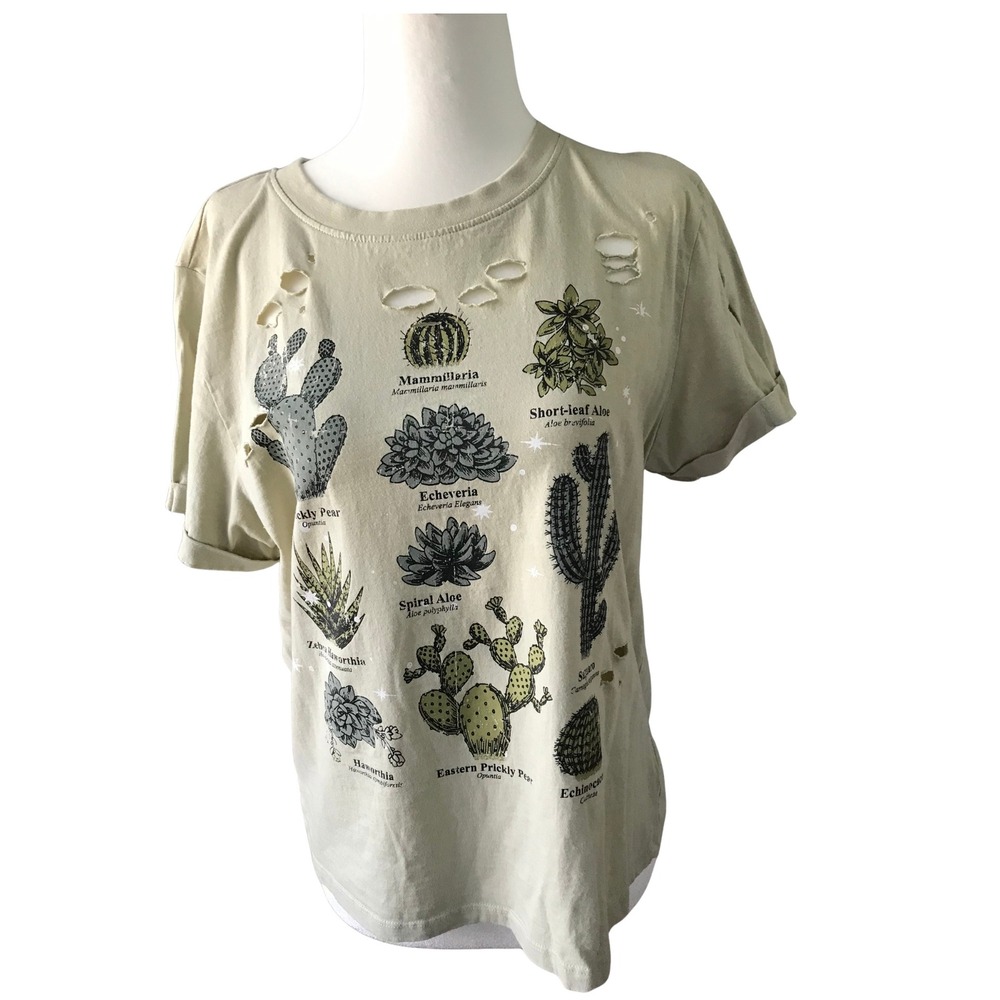 Love & Lazy Days Cactus Succulent Graphic T-Shirt Distressed Khaki Green M